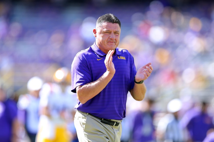 Ed Orgeron cheers on the LSU Tigers