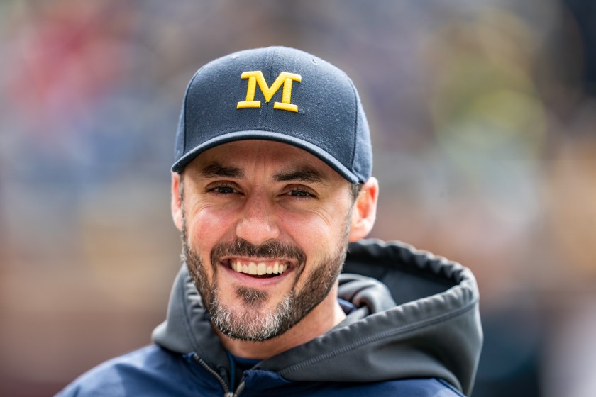 Michigan defensive coordinator Jesse Minter smiling. 