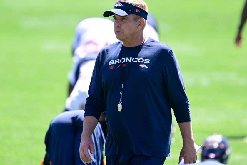 Denver Broncos head coach Sean Payton walks around at practice.