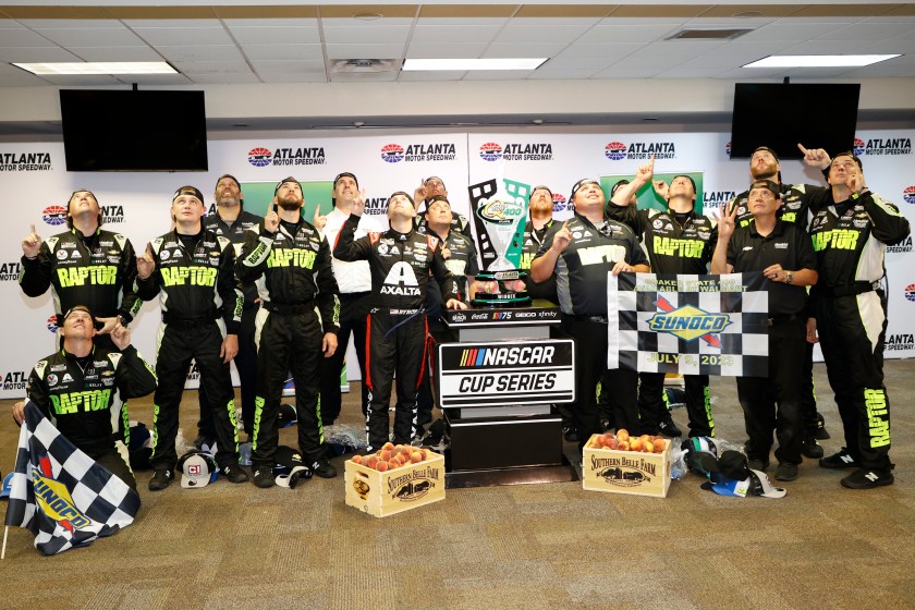 William Byron's racing team celebrates that Quaker State 400 win. 