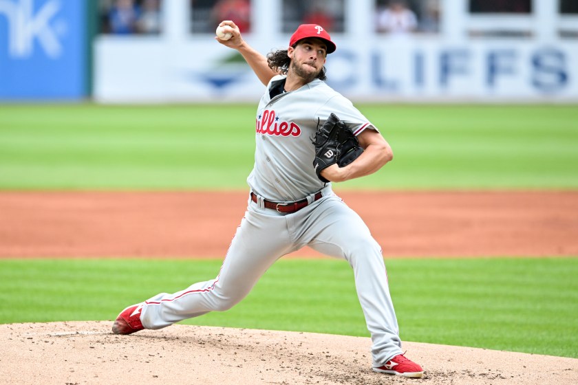 Philadelphia Phillies pitcher Aaron Nola pitches to home plate.