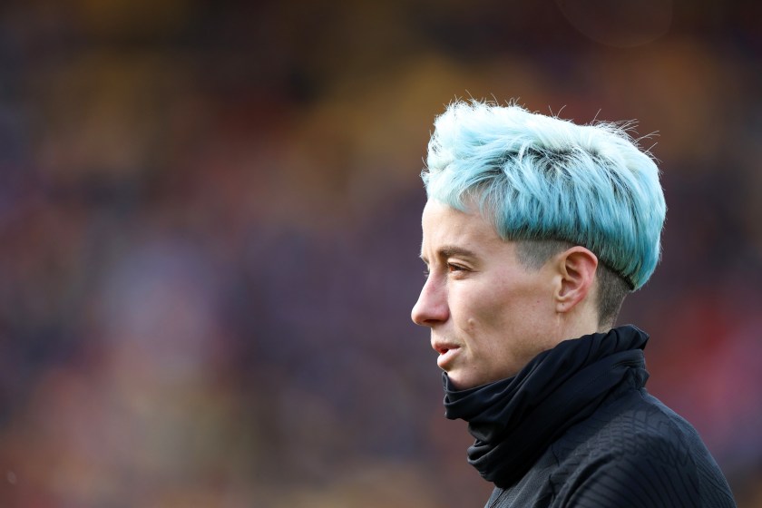 Megan Rapinoe looks on during a match in the world cup.