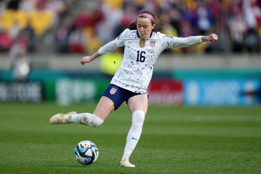 Rose Lavelle shoots the ball during the world cup.