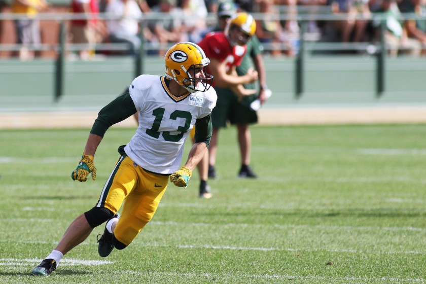 Max McCaffrey practices with the Green Bay Packers.