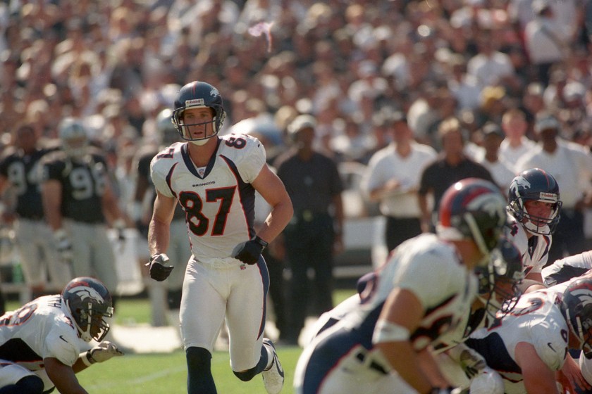 Former Denver Broncos wide receiver Ed McCaffrey goes in motion. 