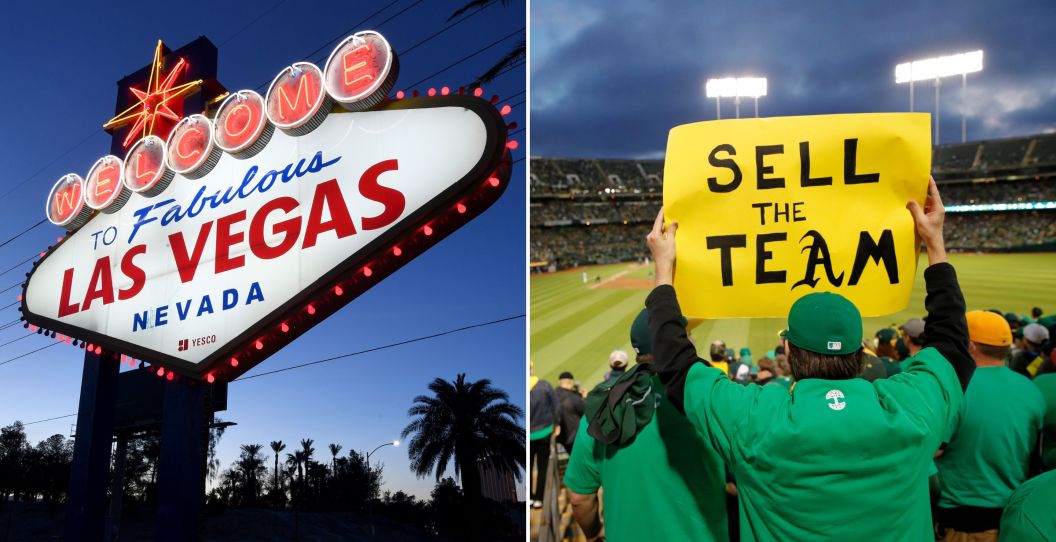 A picture of the Las Vegas sign and an A's fan holding up a sign.