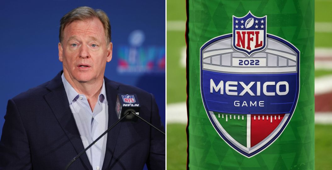 Roger Goodell speaks on the left and on the right is an image of a NFL Mexico pylon.