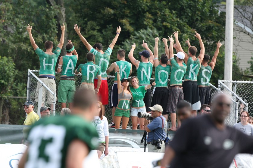 New York Jets fans paint their backs to celebrate the return of Hard Knocks