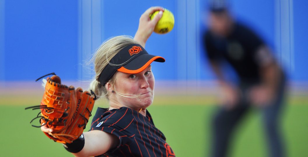 OKLAHOMA CITY, OK - JUNE 4: Starting pitcher Kelly Maxwell #28 of the Oklahoma State Cowboys throws against the Florida Gators during the NCAA Women's College World Series at the USA Softball Hall of Fame Complex on June 4, 2022 in Oklahoma City, Oklahoma. Oklahoma State won 2-0.