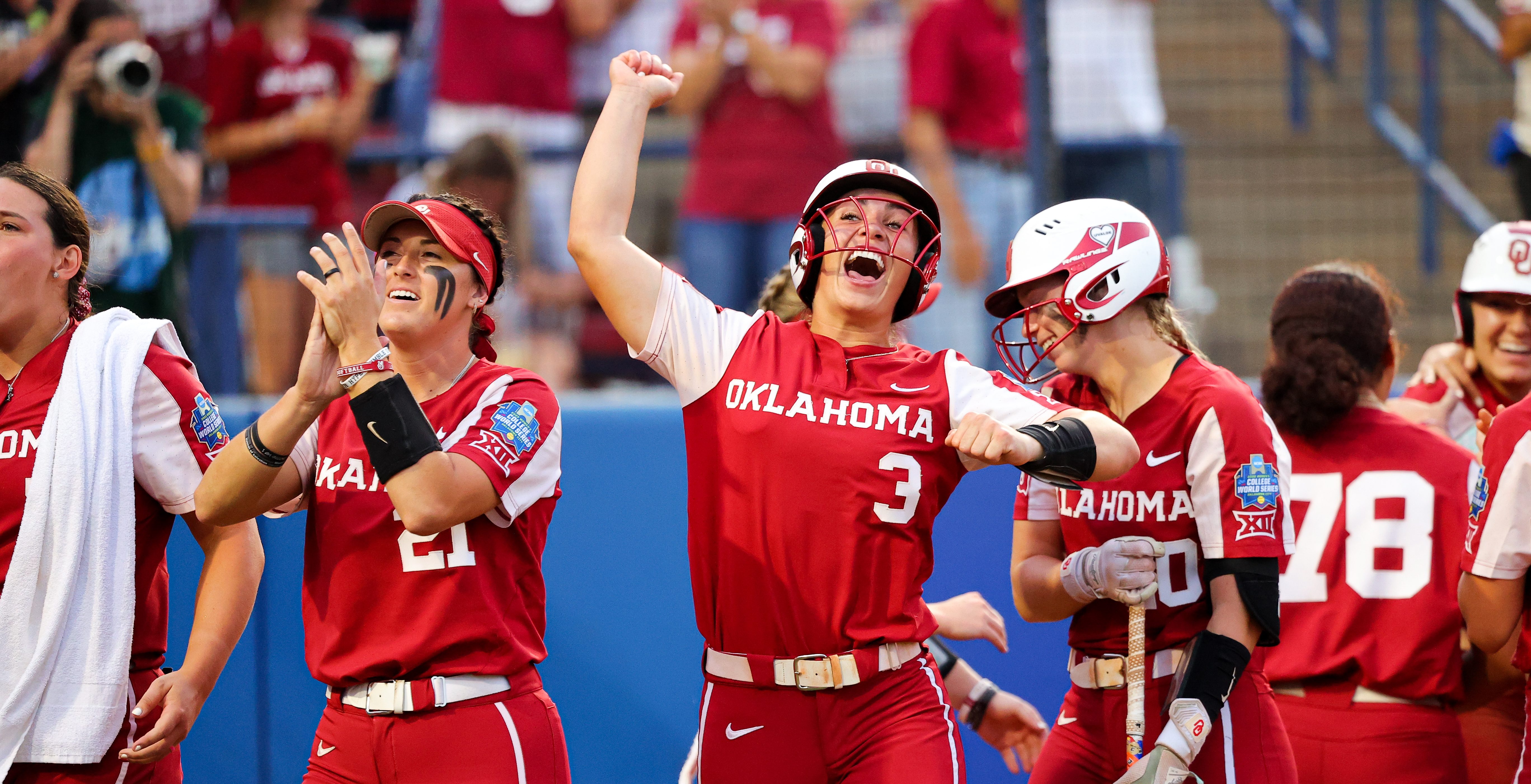 OKLAHOMA CITY, OK - JUNE 09: Grace Lyons #3 of the Oklahoma Sooners reacts to scoring on a home run during the fifth inning against the Texas Longhorns during the Division I Womens Softball Championship held at ASA Hall of Fame Stadium on June 9, 2022 in Oklahoma City, Oklahoma.