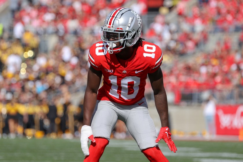 COLUMBUS, OH - OCTOBER 22: Ohio State Buckeyes cornerback Denzel Burke (10) on the field during the third quarter of the college football game between the Iowa Hawkeyes and Ohio State Buckeyes on October 22, 2022, at Ohio Stadium in Columbus, OH. 