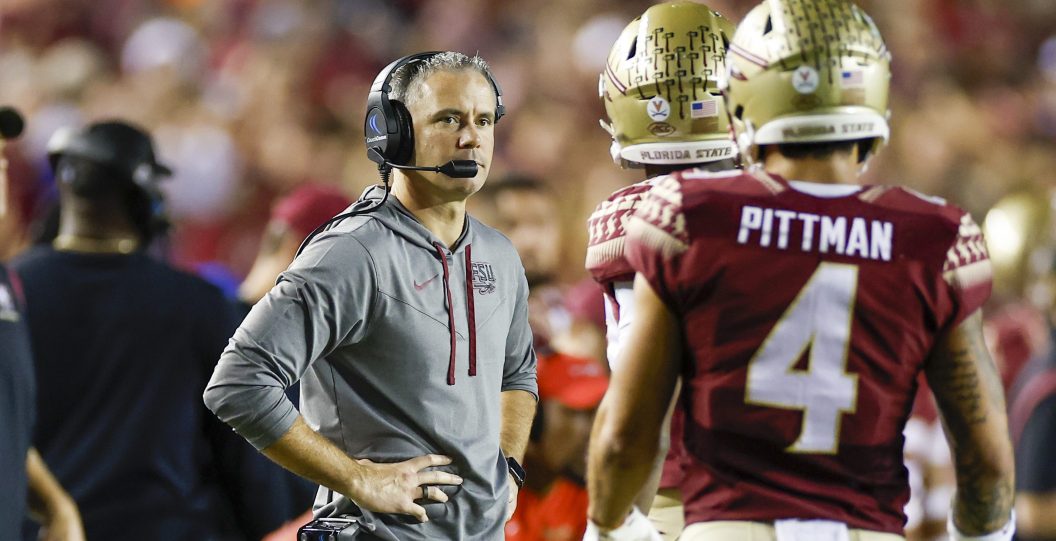 TALLAHASSEE, FL - NOVEMBER 25: Florida State Seminoles head coach Mike Norvell during the game between the Florida Gators and the Florida State Seminoles on November 25, 2022 at Doak Campbell Stadium in Tallahassee, Fl.