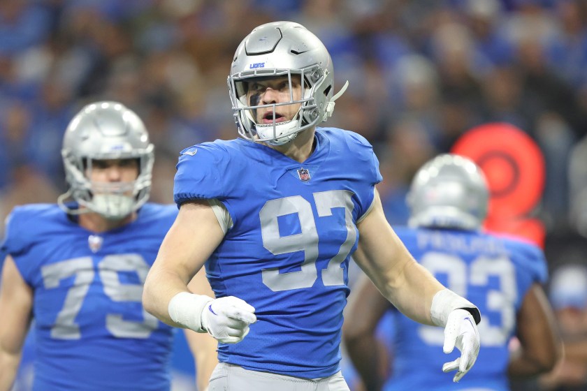 Detroit Lions defensive end Aidan Hutchinson (97) is seen during the second half of an NFL football game against the Chicago Bears in Detroit, Michigan USA, on Sunday, January 1, 2023 