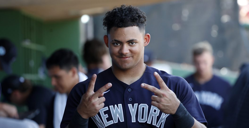 CLEARWATER, FL - FEBRUARY 25: Jasson Domínguez #89 of the New York Yankees smiles during a spring training game against the Philadelphia Phillies at BayCare Ballpark on February 25, 2023 in Clearwater, Florida.