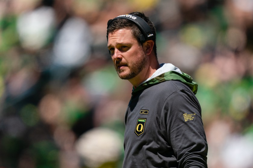 Oregon coach Dan Lanning watches from the sideline. 