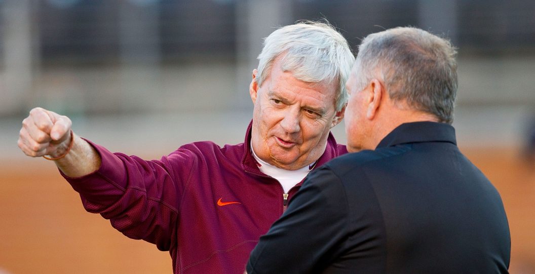 WINSTON SALEM, NC - OCTOBER 15: Virginia Tech Hokies head coach Frank Beamer talks to Wake Forest Demon Deacons head coach Jim Grobe prior to their game at BB&T Field on October 15, 2011 in Winston Salem, North Carolina. The Hokies defeated the Demon Deacons 38-17.