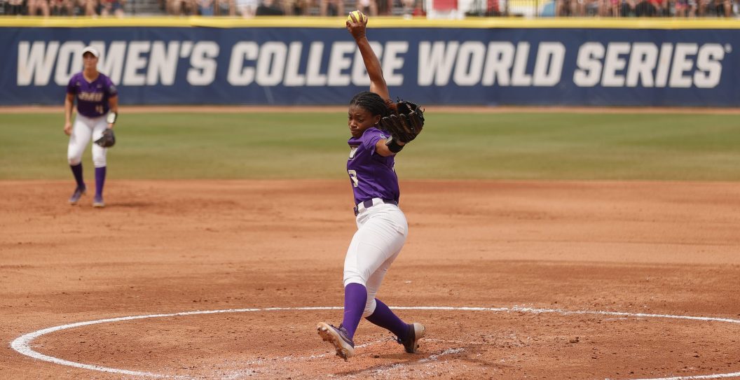 OKLAHOMA CITY, OKLAHOMA - JUNE 07: starting pitcher Odicci Alexander #3 of the James Madison pitches during the first inning of Game 13 of the Women's College World Series against Oklahoma on June 07, 2021 at USA Softball Hall of Fame Stadium in Oklahoma City, Oklahoma. Oklahoma won 7-1.