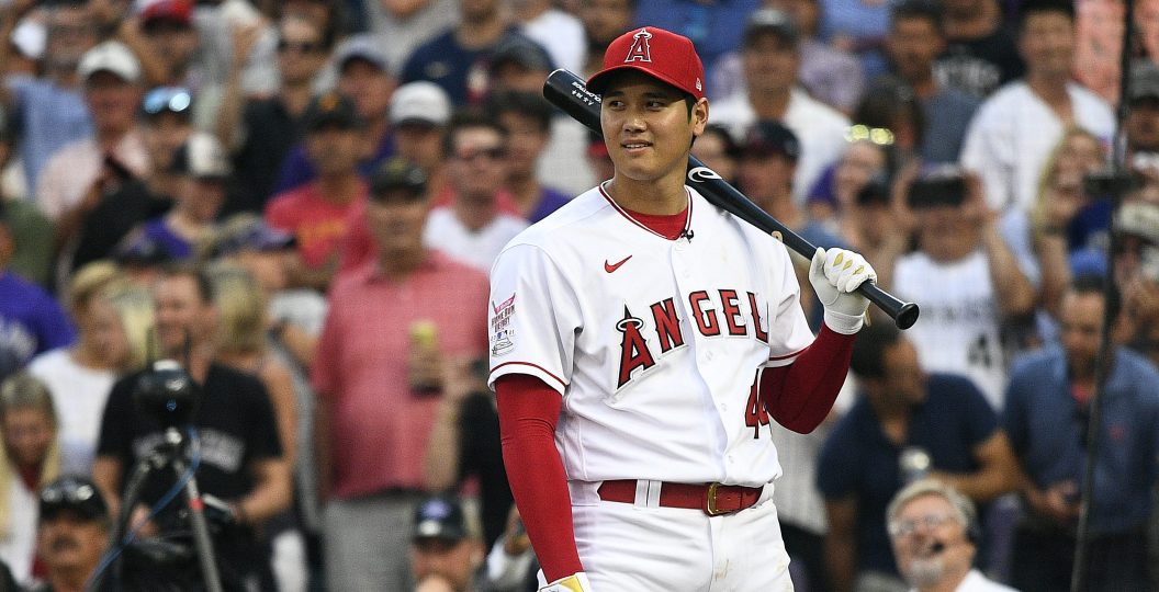 DENVER, COLORADO - JULY 12: Shohei Ohtani #17 of the Los Angeles Angels bats during the 2021 T-Mobile Home Run Derby at Coors Field on July 12, 2021 in Denver, Colorado.