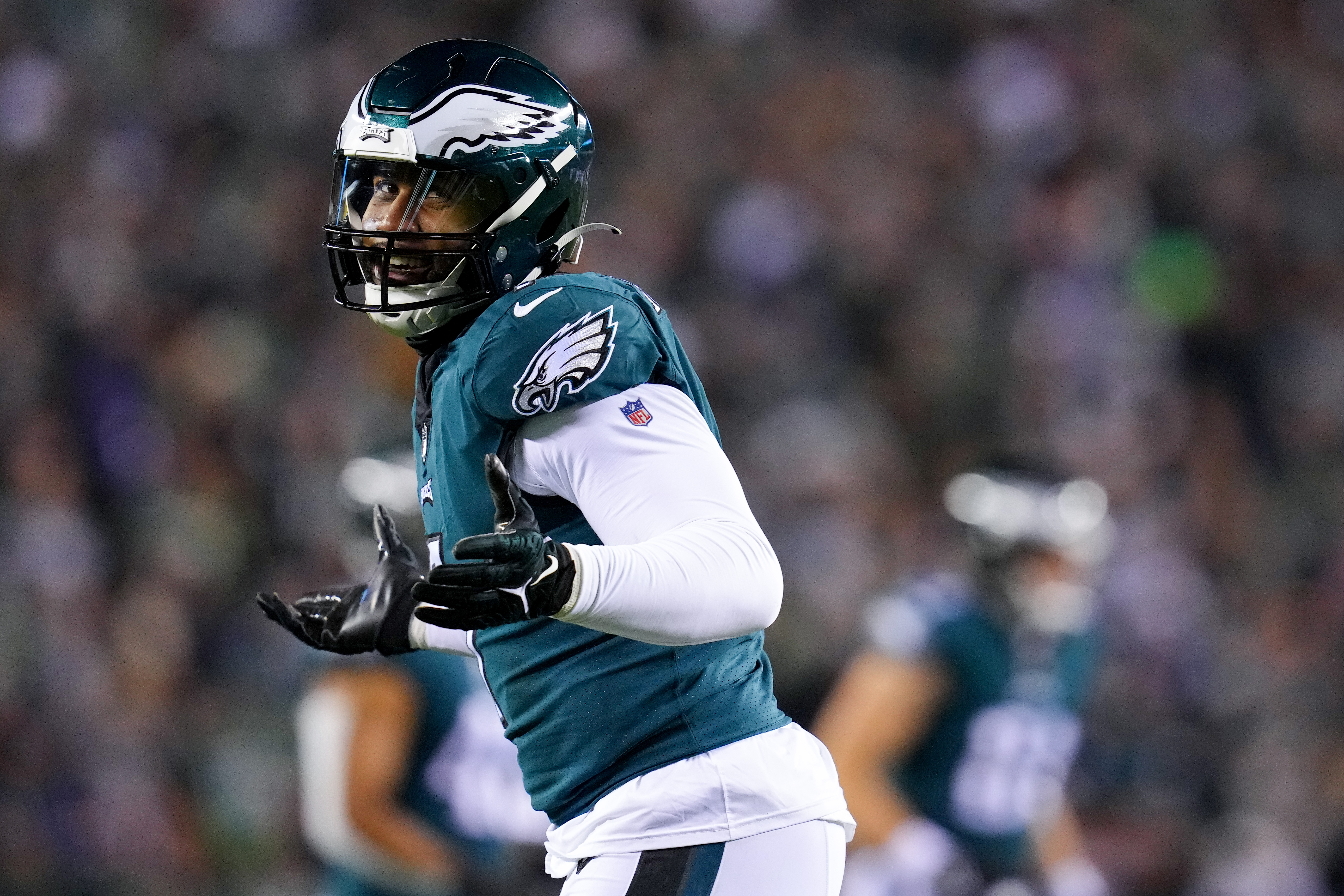 PHILADELPHIA, PENNSYLVANIA - JANUARY 21: Haason Reddick #7 of the Philadelphia Eagles reacts during the second quarter against the New York Giants in the NFC Divisional Playoff game at Lincoln Financial Field on January 21, 2023 in Philadelphia, Pennsylvania. 