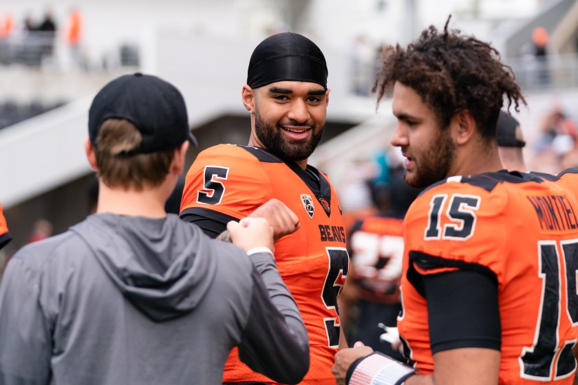 DJ Uiagalelei smiles with Oregon State.