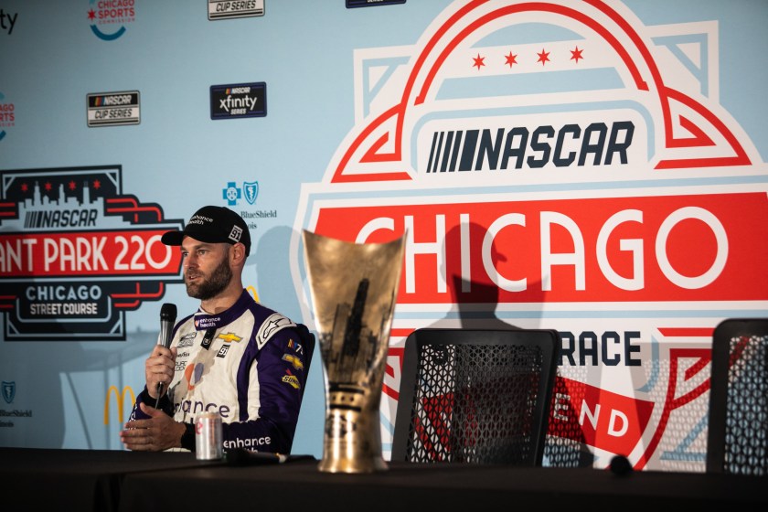 Shane van Gisbergen attends the post race press conference after winning the NASCAR Chicago Street Race in Grant Park in Chicago, the United States, on July 2, 2023. 