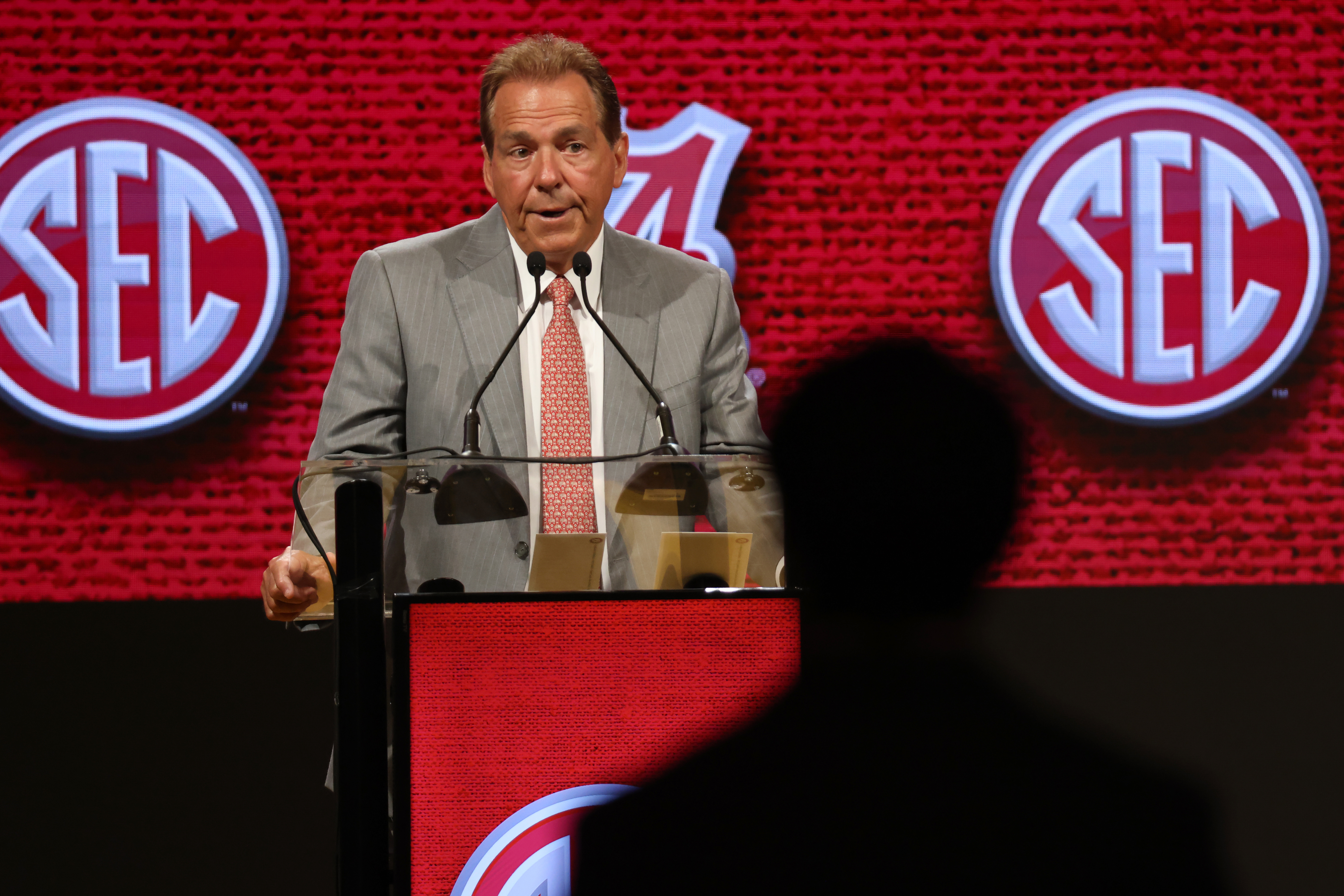 NASHVILLE, TN - JULY 19: Alabama Crimson Tide head coach Nick Saban answers a question from a media member during Southeastern Conference Football Kickoff Media Day, July 19, 2023 at the Grand Hyatt Nashville in Nashville, Tennessee. 
