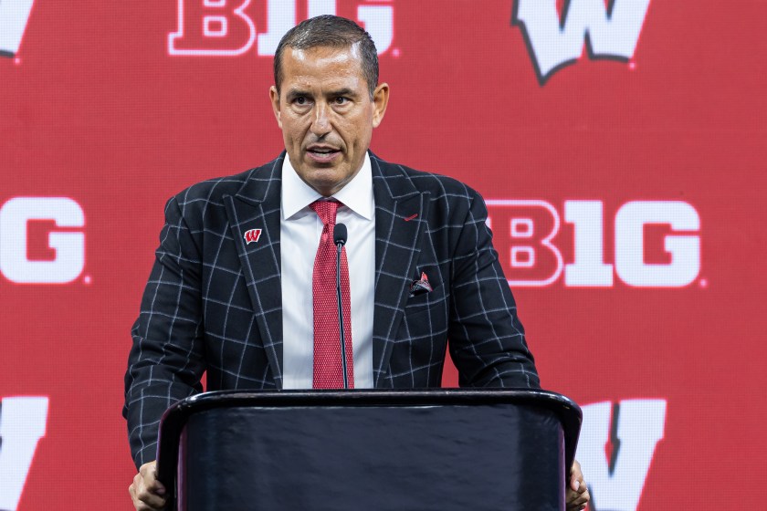 INDIANAPOLIS, INDIANA - JULY 27: Head coach Luke Fickell of the Wisconsin Badgers speaks at Big Ten football media days at Lucas Oil Stadium on July 27, 2023 in Indianapolis, Indiana. 
