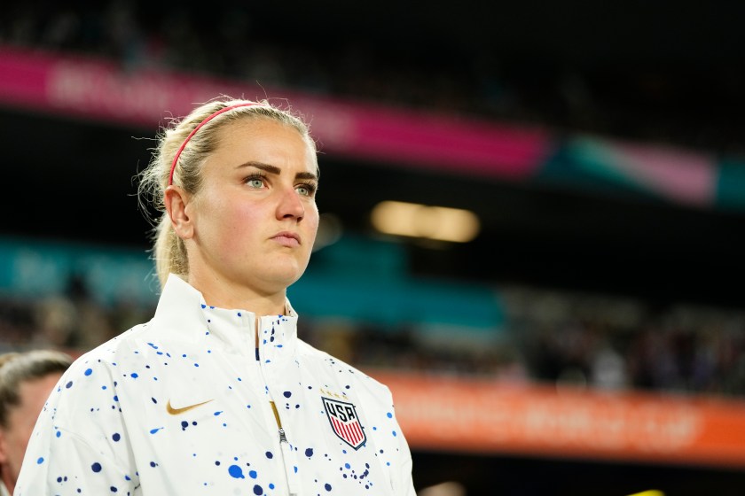Lindsey Horan looks on before a match.