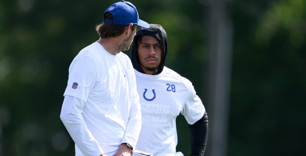 WESTFIELD, IN - AUGUST 01: Indianapolis Colts head coach Shane Steichen and Indianapolis Colts running back Jonathan Taylor (28) talk on the sidelines during the Indianapolis Colts Training Camp on August 1, 2023 at the Grand Park Sports Campus in Westfield, IN.