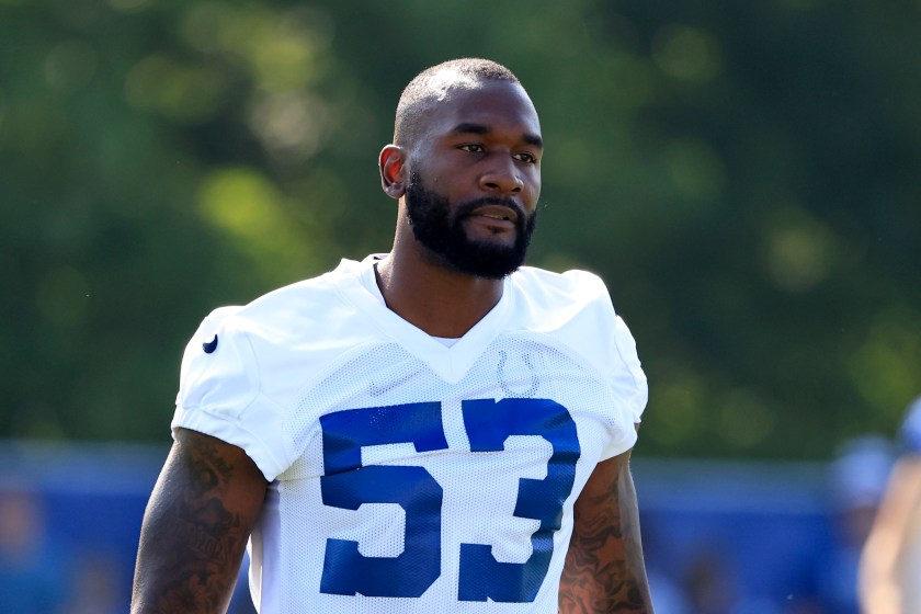 WESTFIELD, INDIANA - JULY 26: Shaquille Leonard #53 of the Indianapolis Colts looks on during the first day of the Indianapolis Colts Training Camp at Grand Park Sports Campus on July 26, 2023 in Westfield, Indiana. 