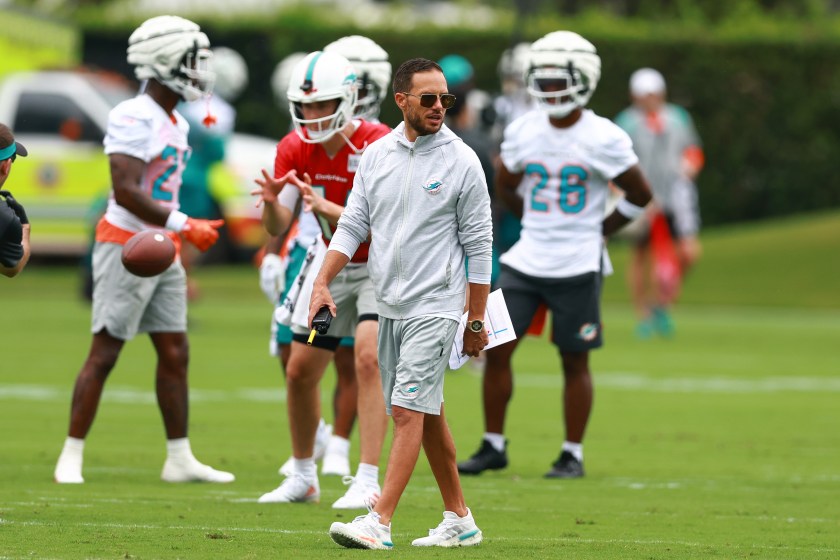 MIAMI GARDENS, FLORIDA - JULY 26: Head coach Mike McDaniel of the Miami Dolphins looks on during training camp at Baptist Health Training Complex on July 26, 2023 in Miami Gardens, Florida. 