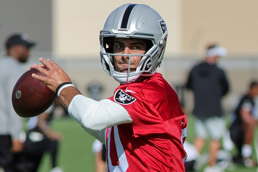 HENDERSON, NEVADA - JULY 26: Quarterback Jimmy Garoppolo #10 of the Las Vegas Raiders throws during the first practice of the team's training camp at the Las Vegas Raiders Headquarters/Intermountain Healthcare Performance Center on July 26, 2023 in Henderson, Nevada. 