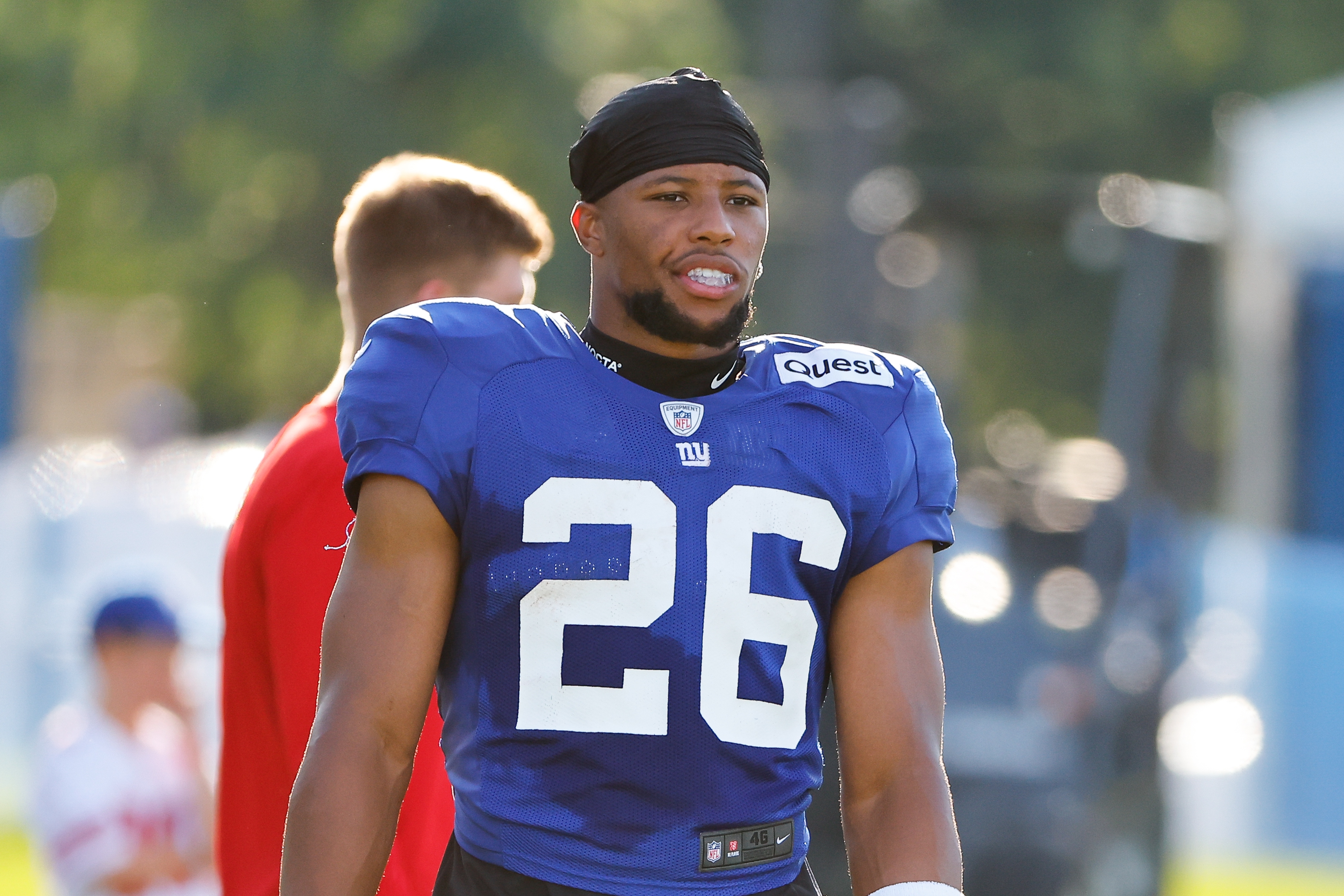 EAST RUTHERFORD, NJ - AUGUST 01:  Saquon Barkley #26 of the New York Giants during training camp at the Quest Diagnostics Training Center on August 1, 2023 in East Rutherford, New Jersey.  