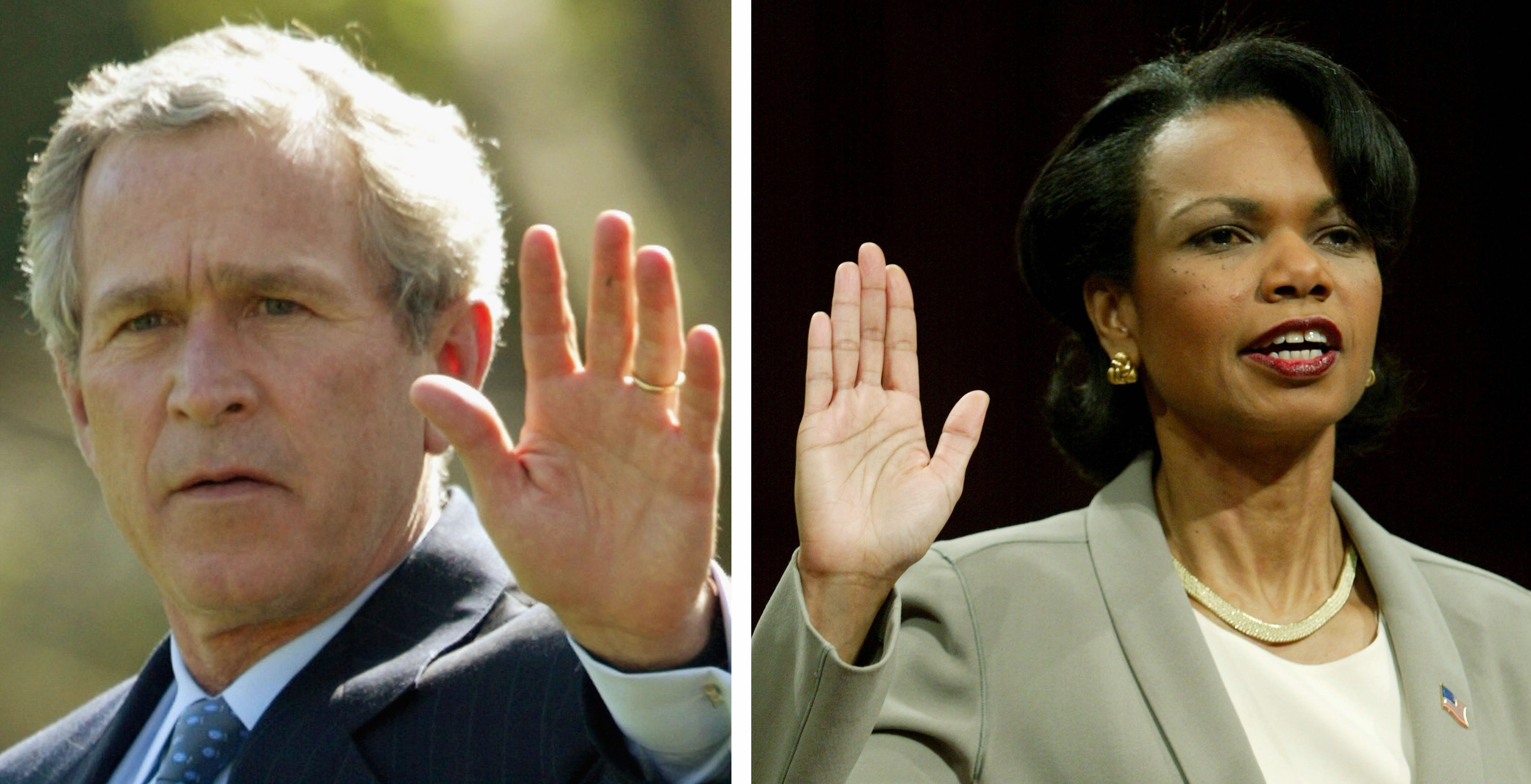 (FILE PHOTO) In this composite image a comparison has been made between former US President George W. Bush and his serving Secretary of State Condoleezza Rice. ***LEFT IMAGE*** WASHINGTON - APRIL 16: U.S. President George W. Bush waves as he walks towards Marine One April 16, 2004 at the South Lawn of the White House in Washington, DC. Bush will spend his weekend at Camp David. (Photo by Alex Wong/Getty Images) ***RIGHT IMAGE*** WASHINGTON - APRIL 8: U.S. National Security Adviser Condoleezza Rice is sworn in before testifying at the National Commission on Terrorist Attacks on the United States, on Capitol Hill April 8, 2004 in Washington, DC. Rice is defending the Bush administration's anti-terror policy to the panel investigating what happened before the September 11, 2001 terrorist attacks.