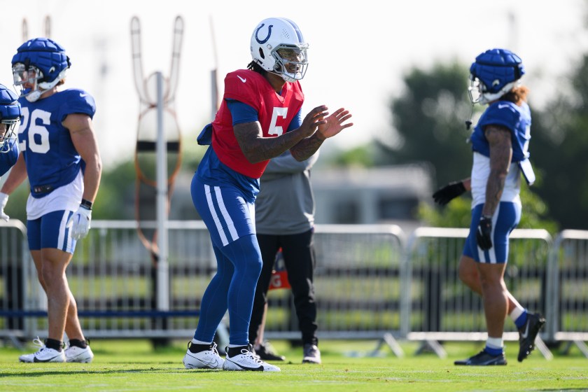 WESTFIELD, IN - AUGUST 08: Indianapolis Colts quarterback Anthony Richardson (5) runs through a drill during the Indianapolis Colts Training Camp on August 8, 2023 at the Grand Park Sports Campus in Westfield, IN. 