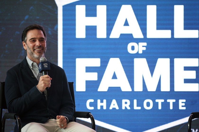 Jimmie Johnson speaks to media at the NASCAR Hall of Fame