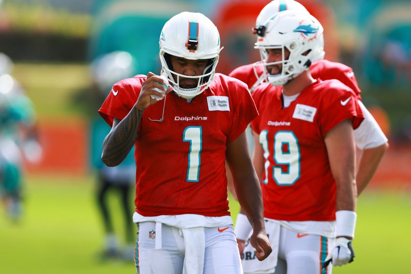 MIAMI GARDENS, FLORIDA - AUGUST 09: Tua Tagovailoa #1 of the Miami Dolphins is seen drinking water during training camp practice with the Atlanta Falcons at Baptist Health Training Complex on August 09, 2023 in Miami Gardens, Florida. 