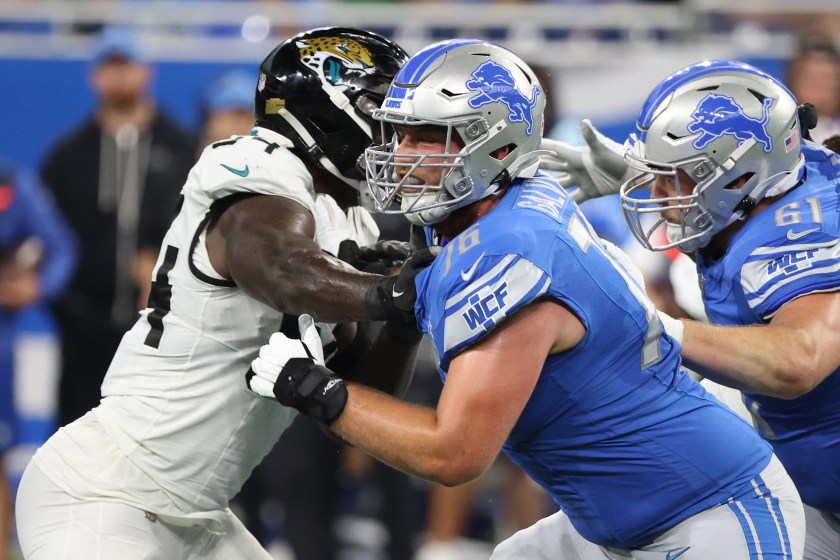 Detroit Lions offensive tackle Connor Galvin (76) is seen during the second half of an NFL preseason football game against the Jacksonville Jaguars in Detroit, Michigan USA, on Saturday, August 19, 2023. 