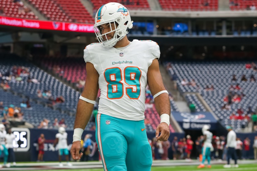 HOUSTON, TX - AUGUST 19: Miami Dolphins tight end Julian Hill (89) warms up during the preseason NFL game between the Miami Dolphins and Houston Texans on August 19, 2023 at NRG Stadium in Houston, Texas. 