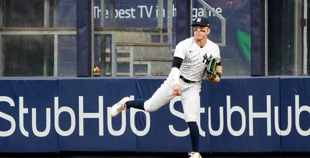 NEW YORK, NY - AUGUST 24: Harrison Bader #22 of the New York Yankees throws the ball back to the infield during the game between the Washington Nationals and the New York Yankees at Yankee Stadium on Thursday, August 24, 2023 in New York, New York.