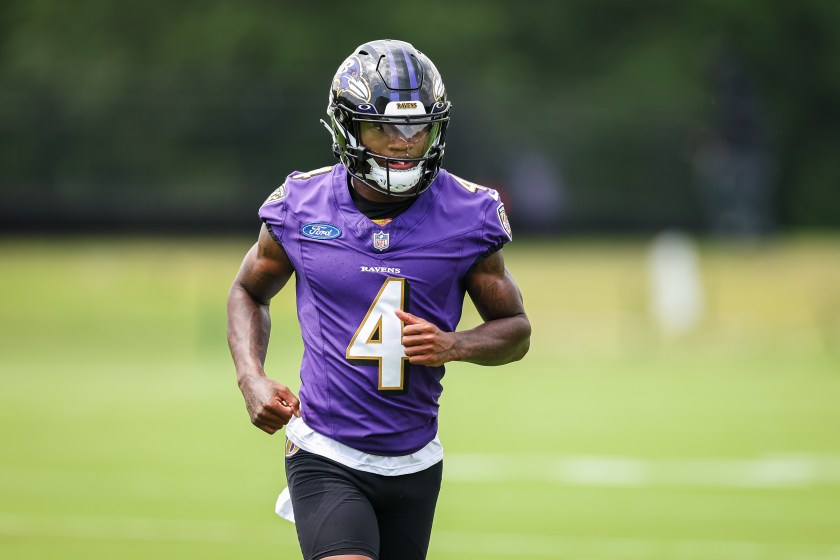 OWINGS MILLS, MD - JULY 27: Zay Flowers #4 of the Baltimore Ravens participates in a drill during training camp at Under Armour Performance Center on July 27, 2023 in Owings Mills, Maryland. 