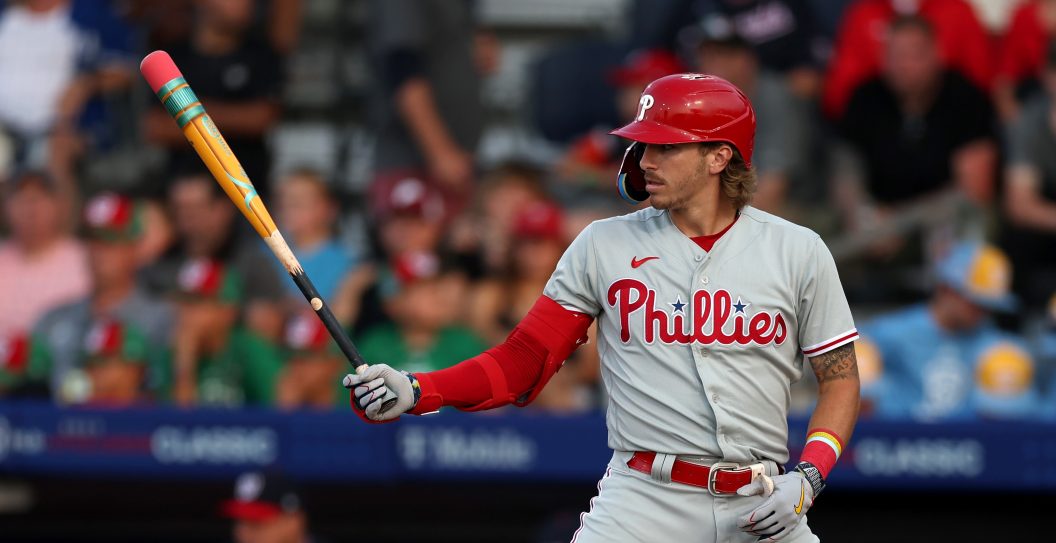 SOUTH WILLIAMSPORT, PENNSYLVANIA - AUGUST 20: Bryson Stott #5 of the Philadelphia Phillies bats with a pencil designed bat against the Washington Nationals in the first inning during the 2023 Little League Classic at Bowman Field on August 20, 2023 in South Williamsport, Pennsylvania.