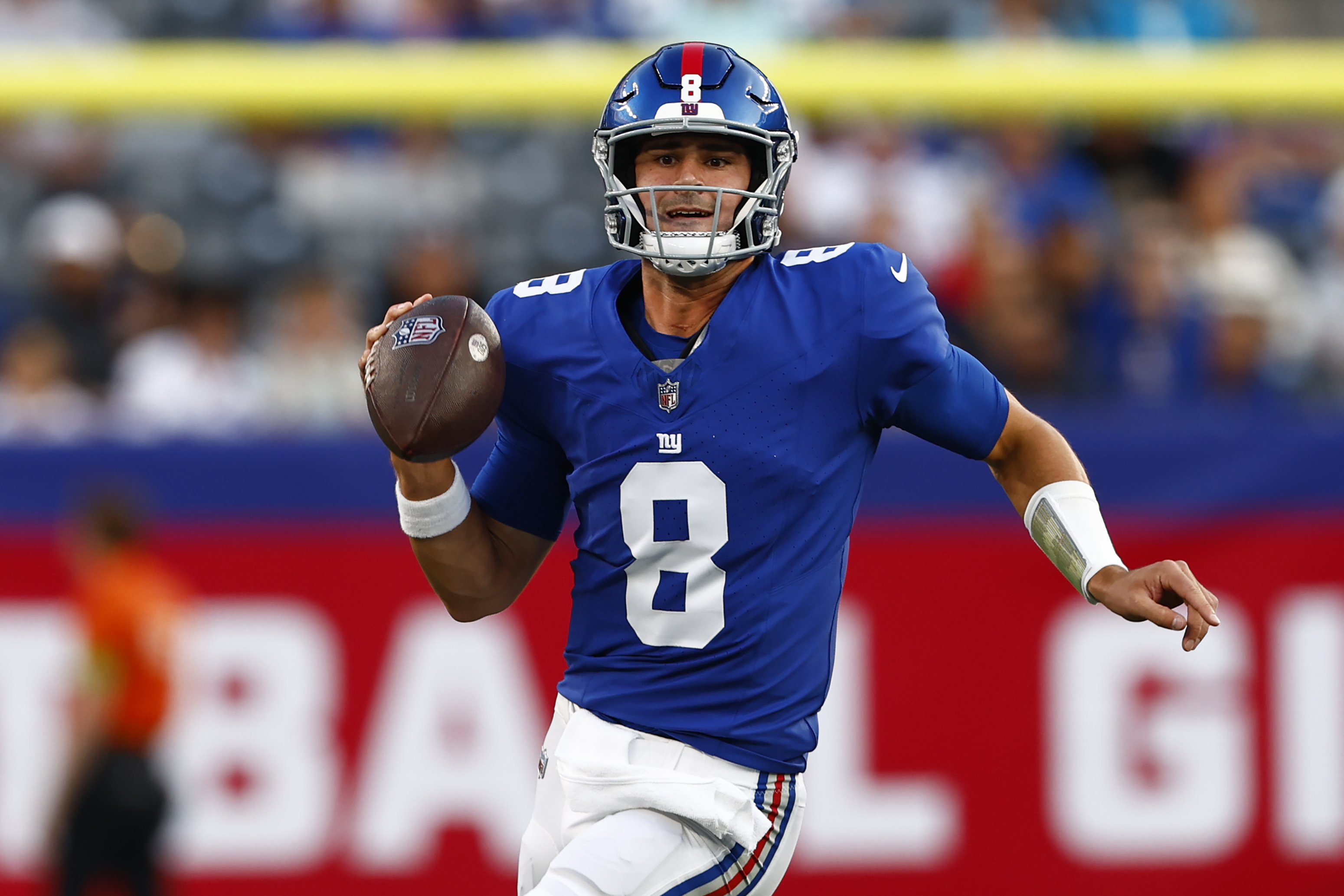 EAST RUTHERFORD, NEW JERSEY - AUGUST 18: Daniel Jones #8 of the New York Giants in action against the Carolina Panthers during a pre-season football game at MetLife Stadium on August 18, 2023 in East Rutherford, New Jersey. 