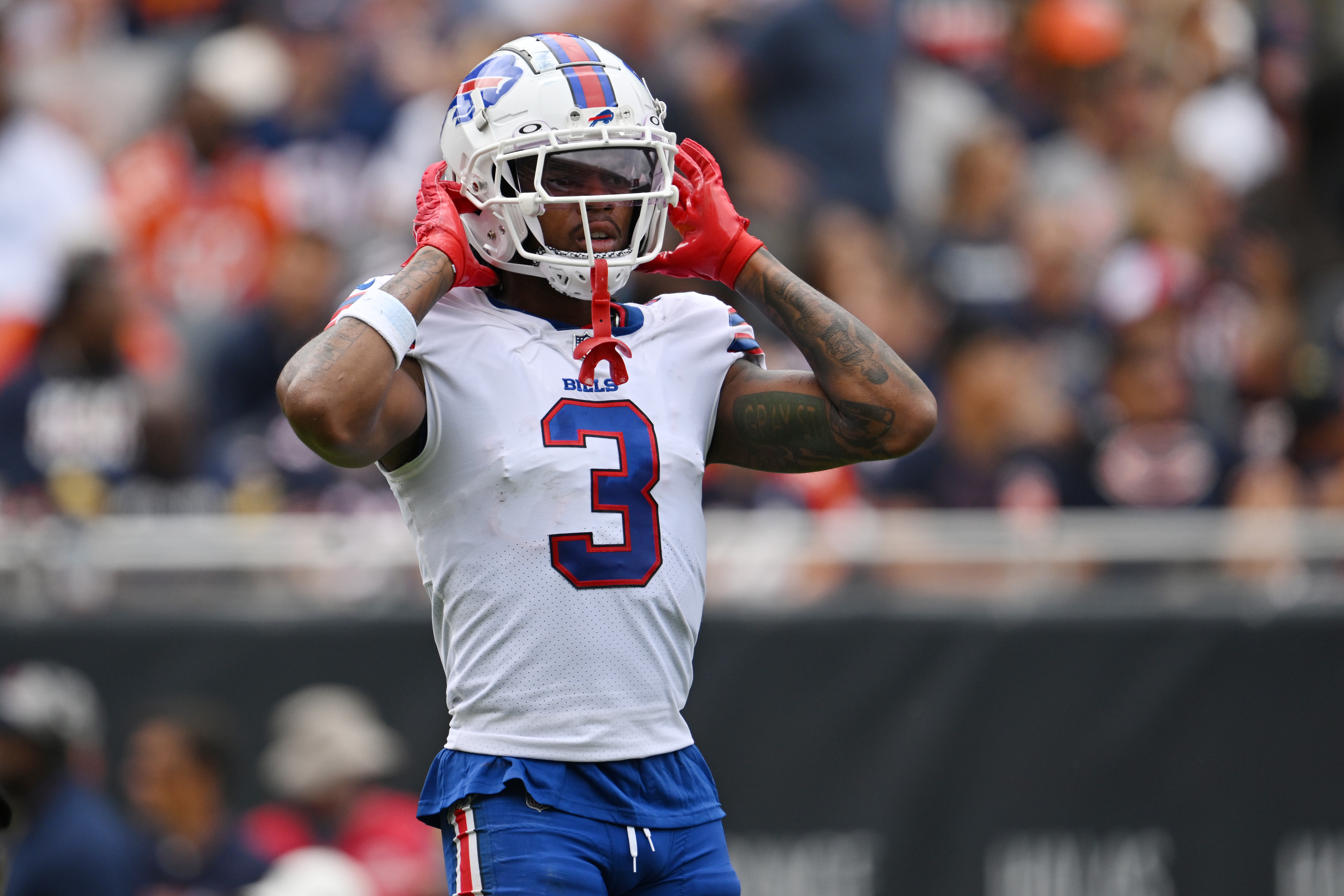 CHICAGO, ILLINOIS - AUGUST 26: Damar Hamlin #3 of the Buffalo Bills reacts in the first half of a preseason game against the Chicago Bearsat Soldier Field on August 26, 2023 in Chicago, Illinois. 