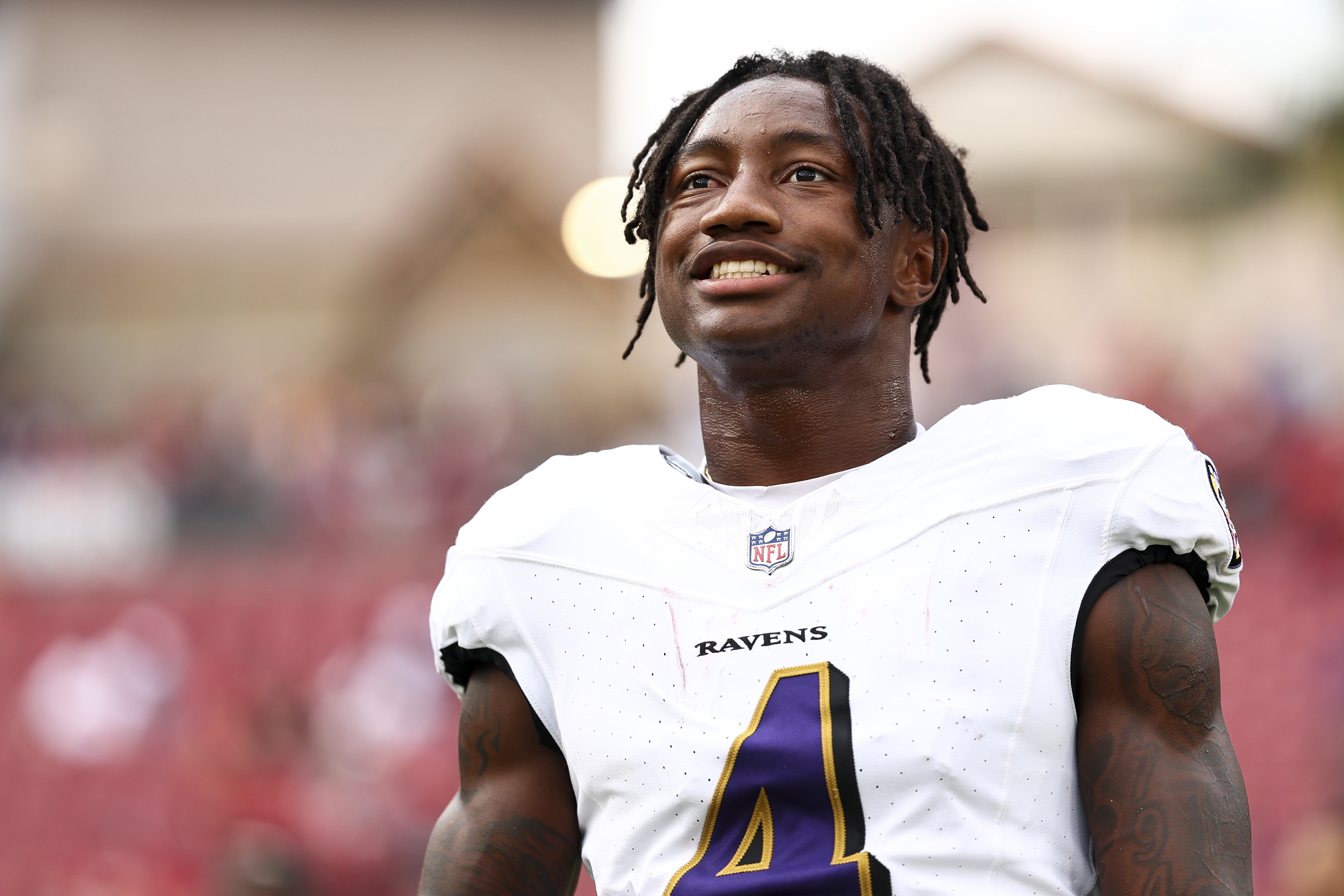 TAMPA, FL - AUGUST 26: Zay Flowers #4 of the Baltimore Ravens smiles prior to an NFL preseason football game against the Tampa Bay Buccaneers at Raymond James Stadium on August 26, 2023 in Tampa, Florida. 