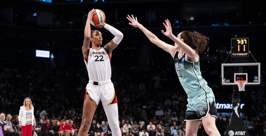NEW YORK, NEW YORK - AUGUST 28: A'ja Wilson #22 of the Las Vegas Aces make a shot against Breanna Stewart #30 of the New York Liberty at Barclays Center on August 28, 2023 in New York City.