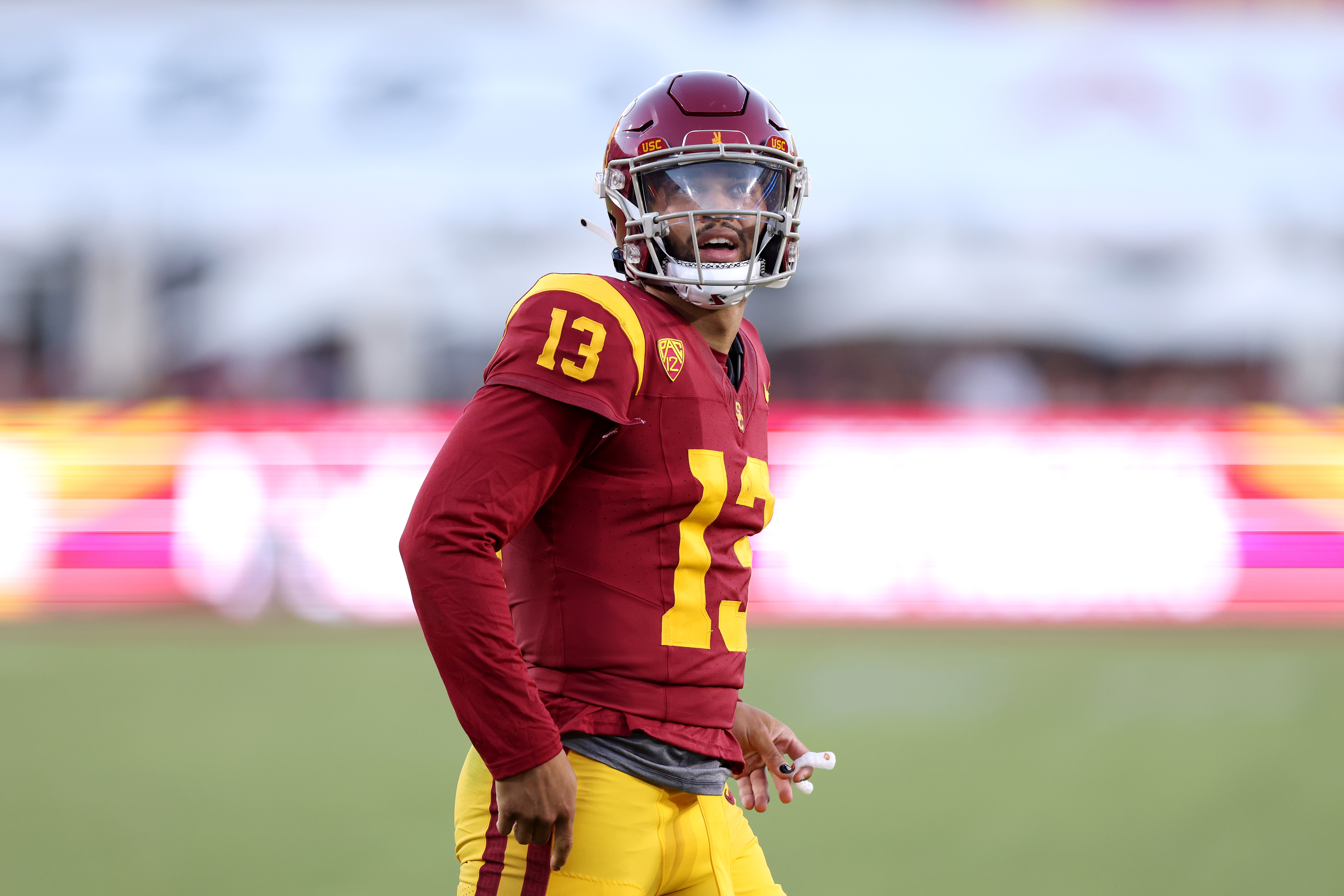 LOS ANGELES, CALIFORNIA - AUGUST 26: Caleb Williams #13 of the USC Trojans looks on during the third quarter against the San Jose State Spartans at United Airlines Field at the Los Angeles Memorial Coliseum on August 26, 2023 in Los Angeles, California. 