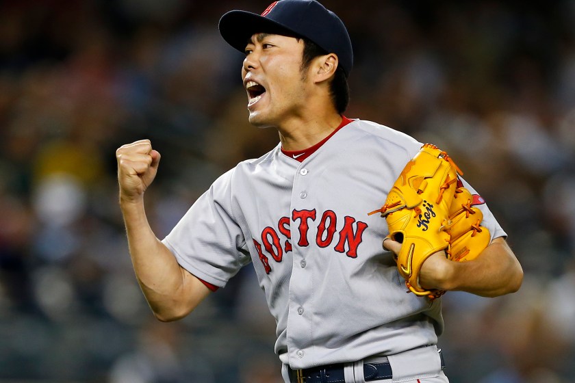 NEW YORK, NY - JUNE 28: Koji Uehara #19 of the Boston Red Sox reacts after striking out Brian McCann #34 of the New York Yankees in the ninth inning to end the game at Yankee Stadium on June 28, 2014 in the Bronx borough of New York City. The Red Sox defeated the Yankees 2-1. 