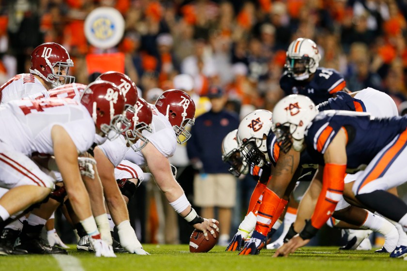 AUBURN, AL - NOVEMBER 30:  The line of scrimmage as the Alabama Crimson Tide line up against the Auburn Tigers in the third quarter at Jordan-Hare Stadium on November 30, 2013 in Auburn, Alabama.  