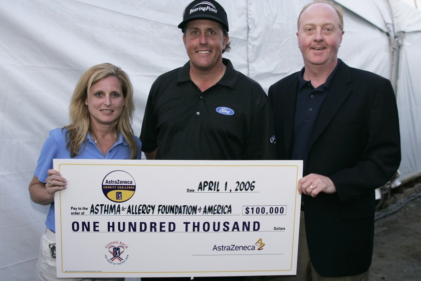 Phil Mickelson holds a check in 2006.